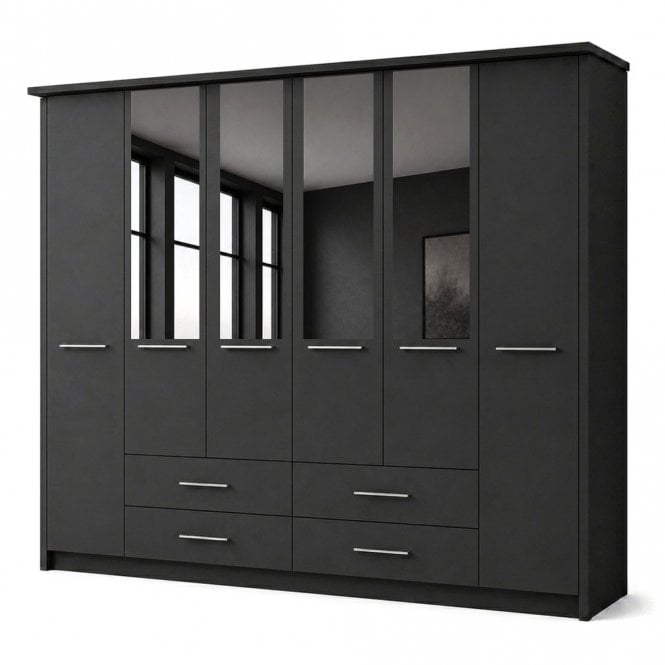 Cairns 300cm 6 Door 4 Drawer 4 Mirror Doors Hinged Robe