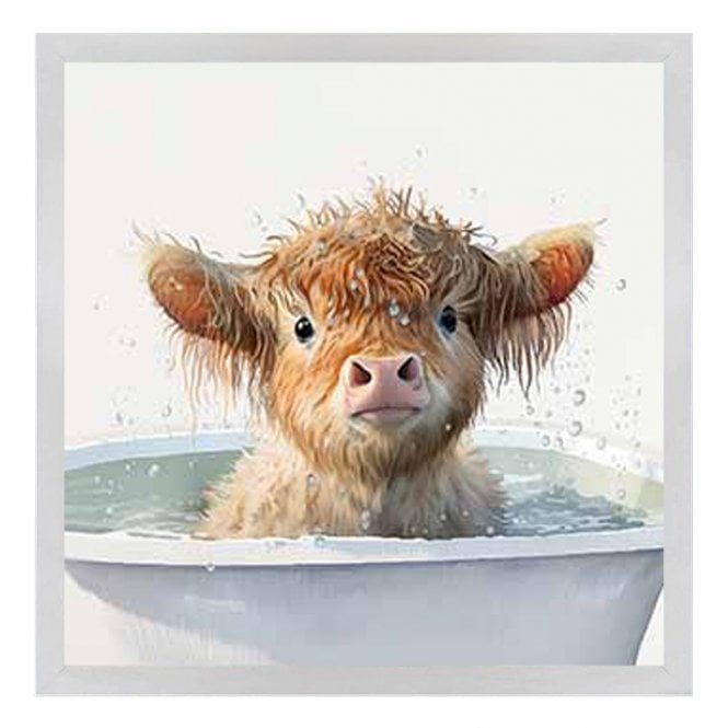Cow in bath 3 - White Frame - Plain