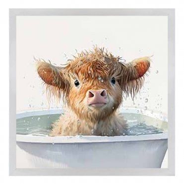 Cow in bath 3 - White Frame - Plain
