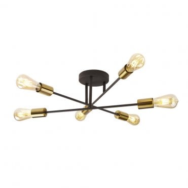 Dearne 6Lt SemiFlush Black & Satin Brass