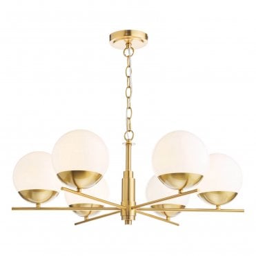 Gill 6 Light Pendant Natural Brass & Opal Glass