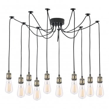 Harrop 10 Light Pendant Antique Brass Matt Black