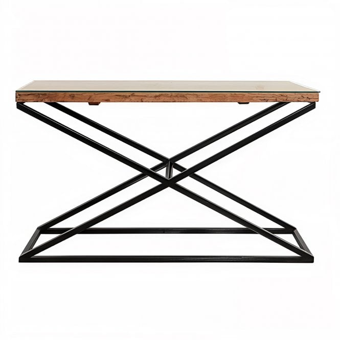 Railway Sleeper Black Glass Top Console Table