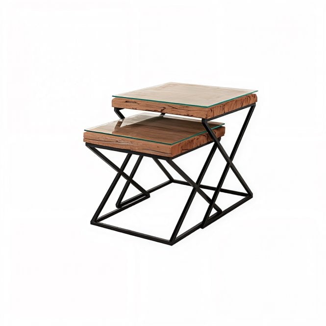 Railway Sleeper Black Glass Top Nest Of 2 Tables