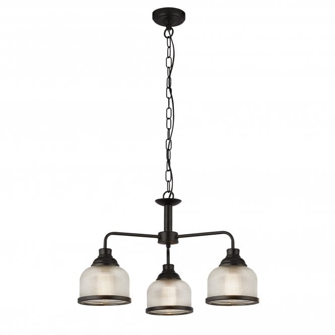 Retford 3Lt Pendant Black & Holophane Style Glass
