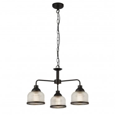 Retford 3Lt Pendant Black & Holophane Style Glass