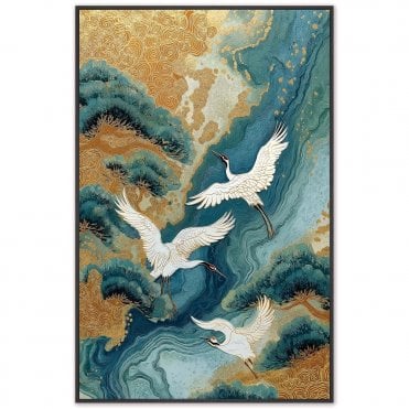 River Crane 1 Framed Canvas Teal
