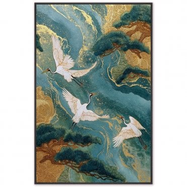 River Crane 2 Framed Canvas Teal