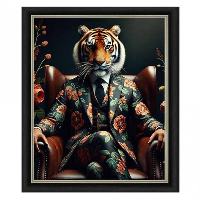 Tiger in green floral suit - Alpha black Frame - Plain