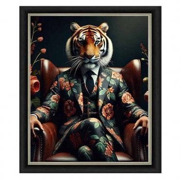 Tiger in green floral suit - Alpha black Frame - Plain