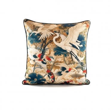 Velvet Feather Filled Bird & Koi Cushion 1