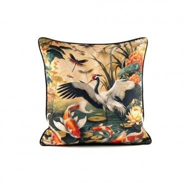 Velvet Feather Filled Bird & Koi Cushion 2