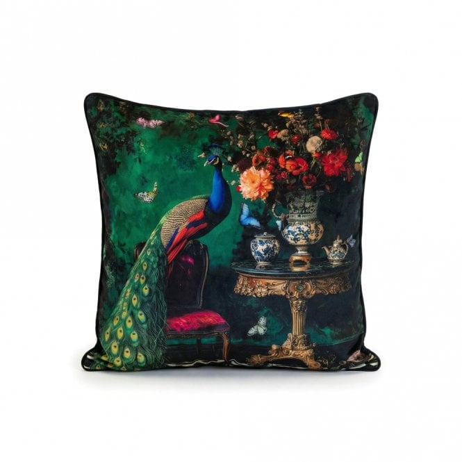 Velvet Feather Filled Peacock Cushion