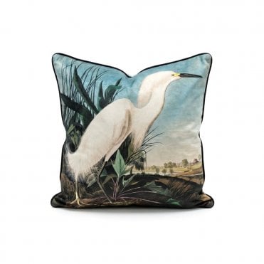 Velvet Feather Filled Snowy Heron Cushion