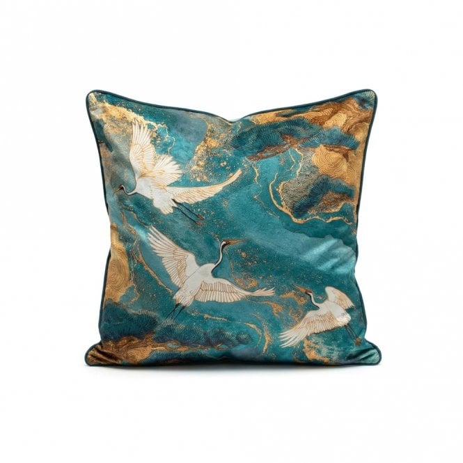 Velvet Feather Filled Teal River Crane Cushion